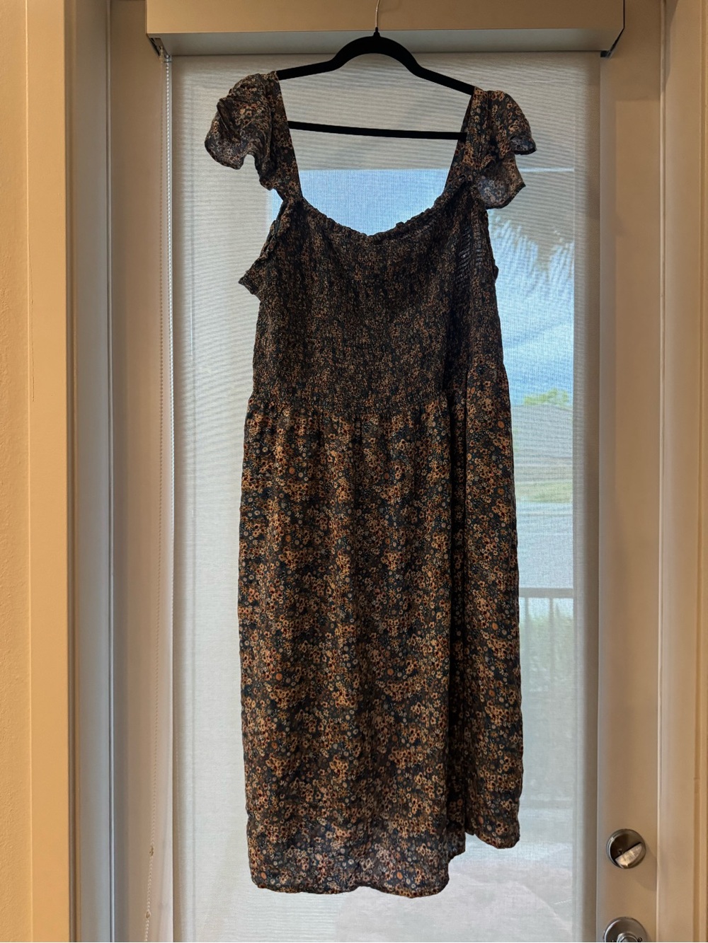 Floral Smocked Midi Dress in Navy and Mustard